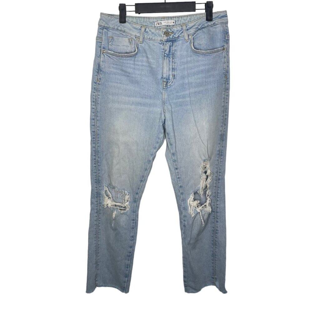 Zara Womens Jeans Size 8 Light Wash Denim Blue Distressed Raw Hem High Rise